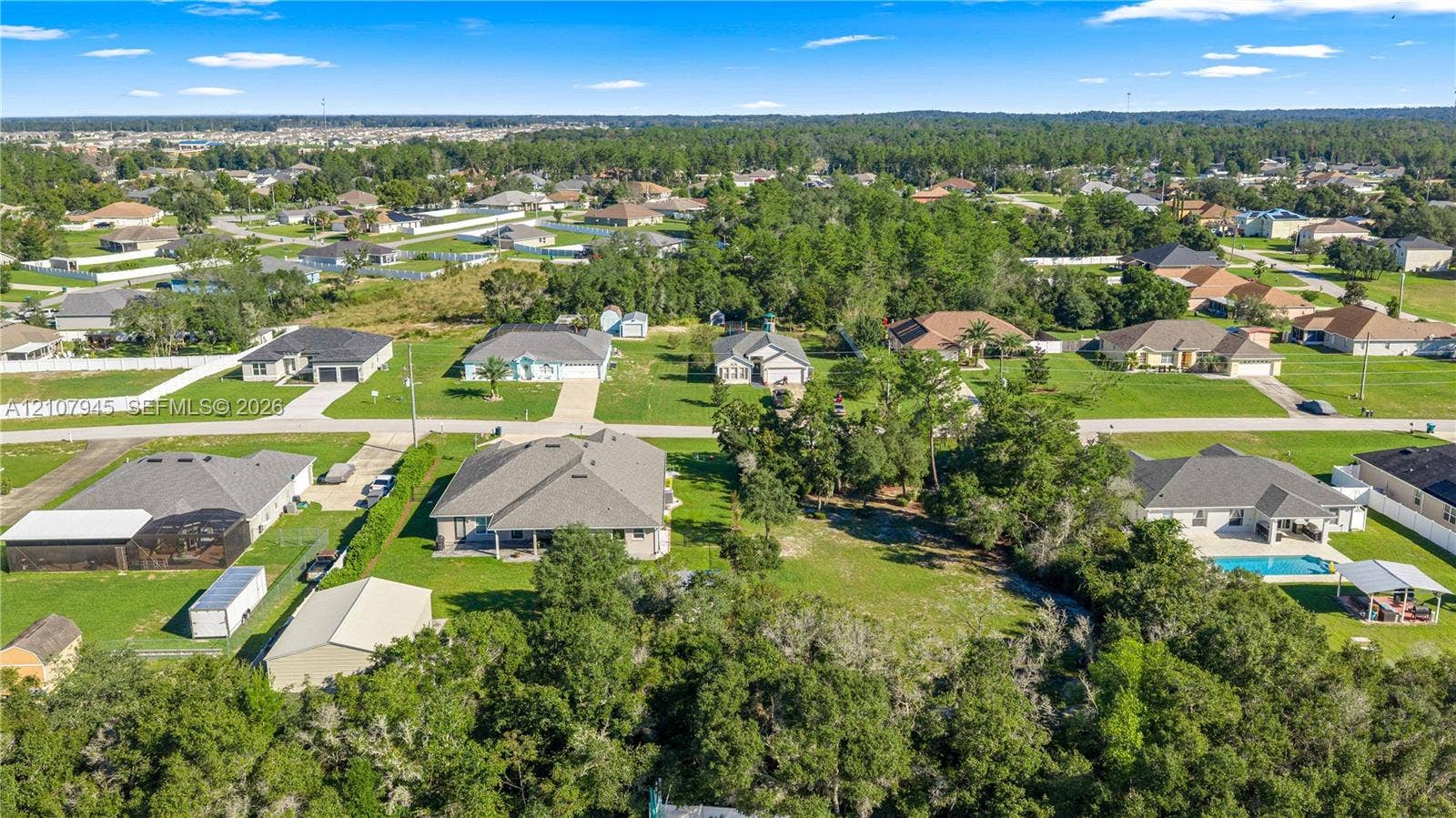Aerial view of a residential lot featuring expansive acreage, mature tree clusters, and established perimeter vegetation