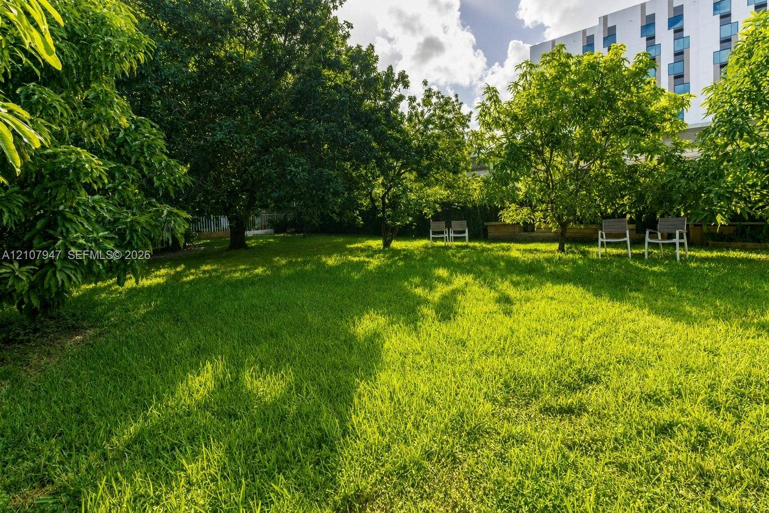 Expansive backyard featuring a lush grass lawn, mature trees, and perimeter landscaping
