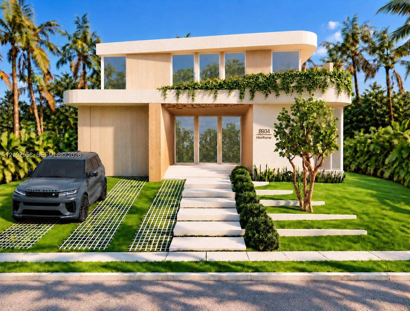 Modern two-story architectural exterior featuring smooth stucco cladding, natural wood-finish siding, integrated second-story greenery, floor-to-ceiling glass entry, and linear concrete hardscaping