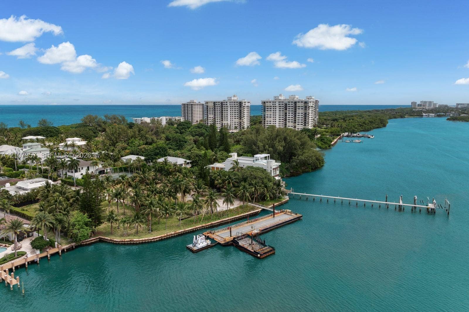 Waterfront property featuring extensive private dockage, deep-water access, seawall bulkhead, and mature coastal vegetation