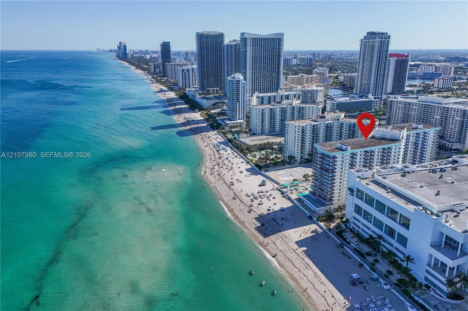 3725 S Ocean Drive, #1120, Hollywood, Hollywood, FL 33019 Aerial perspective featuring a beachfront high-rise building with direct ocean access and proximity to coastal landmarks