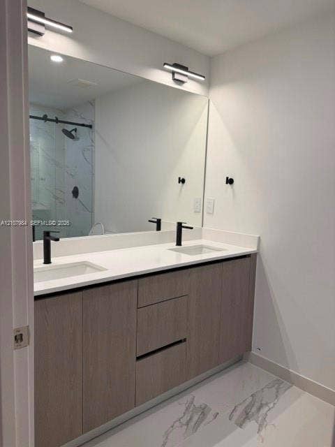 1567 NW 94th Way, #10, Coral Springs, Coral Springs, FL 33071 Dual-sink vanity with matte black fixtures, quartz countertop, wood-finish cabinetry, and full-width mirror, featuring a walk-in shower with stone-patterned tile surround