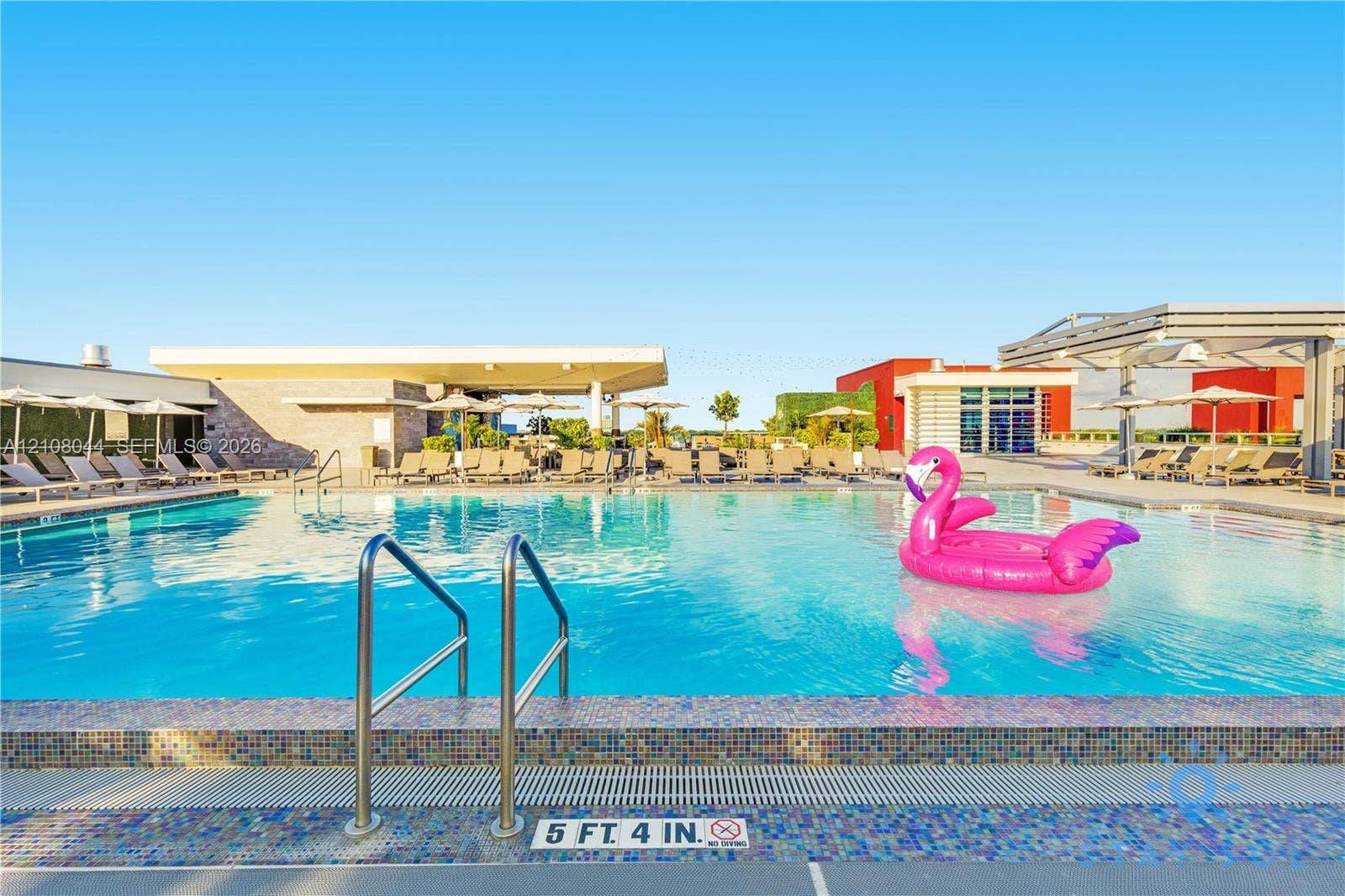 Swimming pool with a tile-trimmed edge, stainless steel ladder, and surrounding paved deck with covered structures