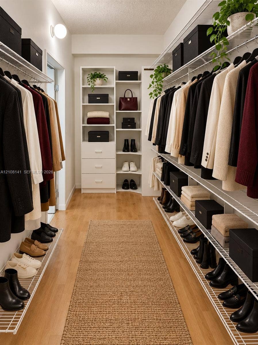 3135 NE 184th Street, #2205, Aventura, FL 33160 Walk-in closet featuring light-toned wood-finish flooring, white built-in shelving with integrated drawer storage, and tiered white wire racking