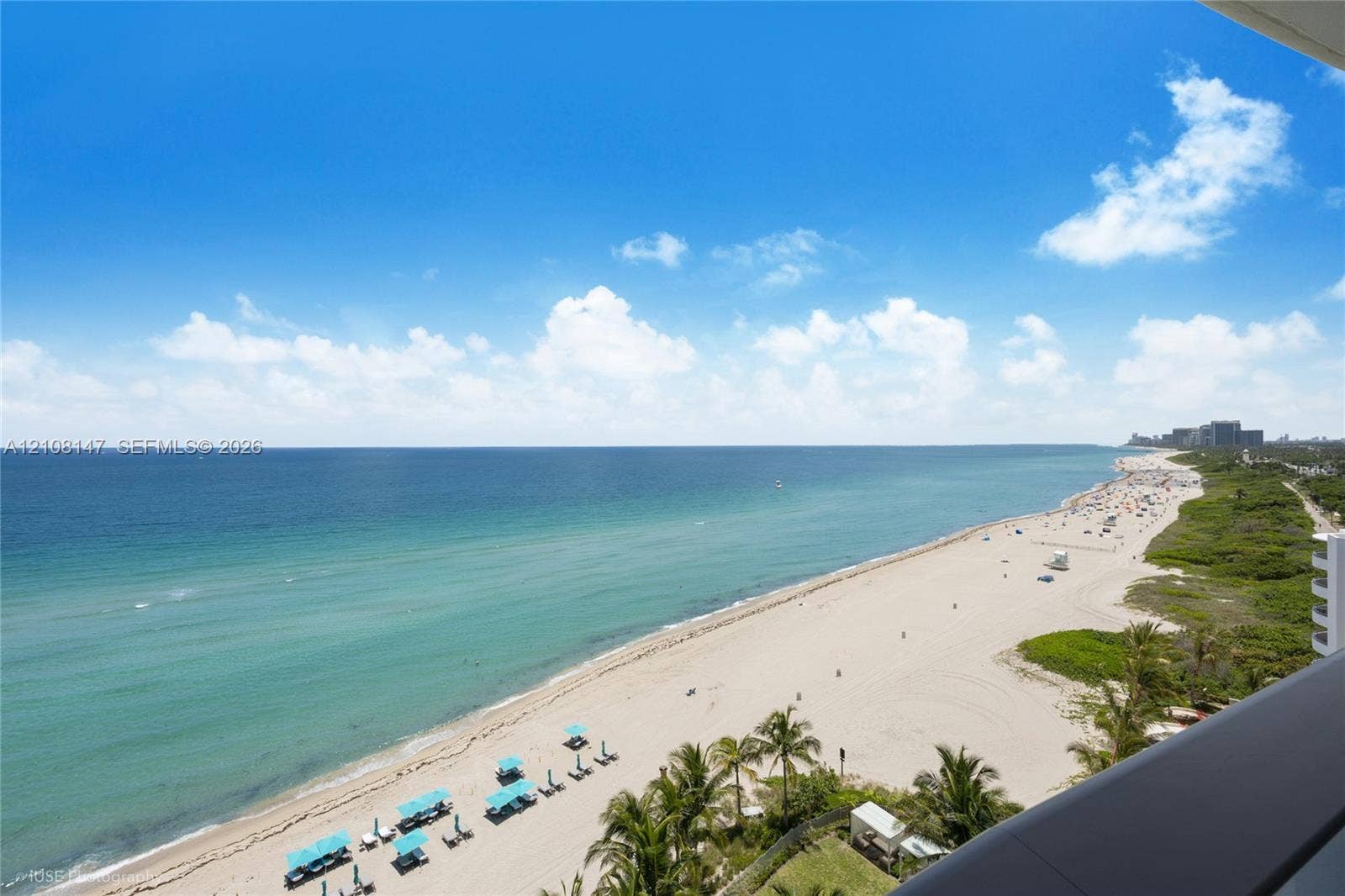 Elevated balcony featuring an expansive ocean panorama, sandy shoreline, and tropical vegetation