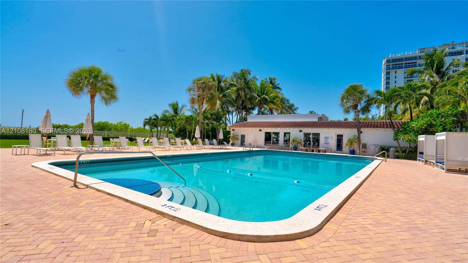 2457 Collins Avenue, #1501, Miami Beach, FL 33140 Rectangular swimming pool featuring a stepped entry and concrete pavers with mature palm trees
