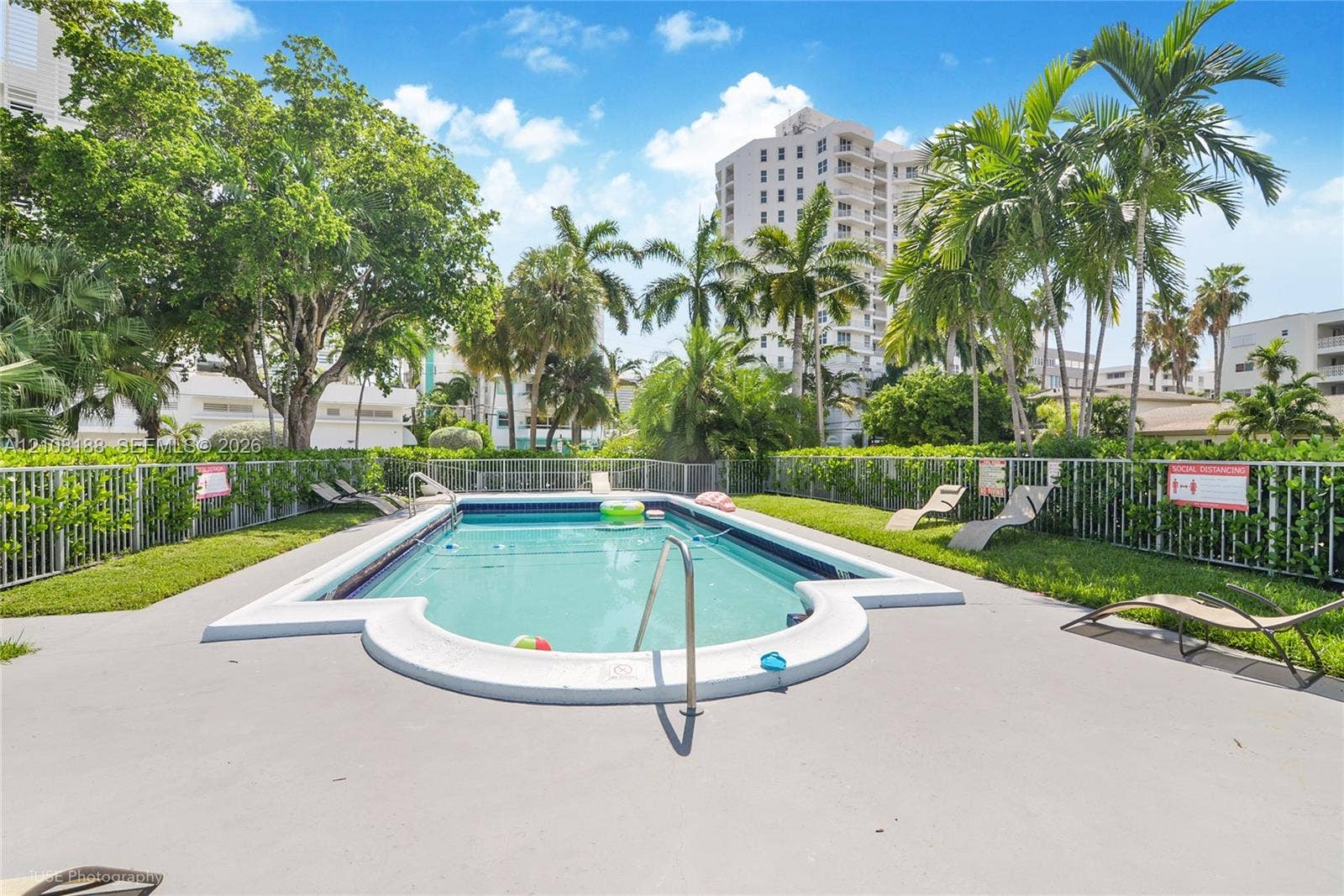 9790 E Bay Harbor Drive, #3N, Bay Harbor Islands, Bay Harbor Islands, FL 33154 In-ground swimming pool with contoured coping, concrete pool deck, perimeter fencing, and mature palm trees