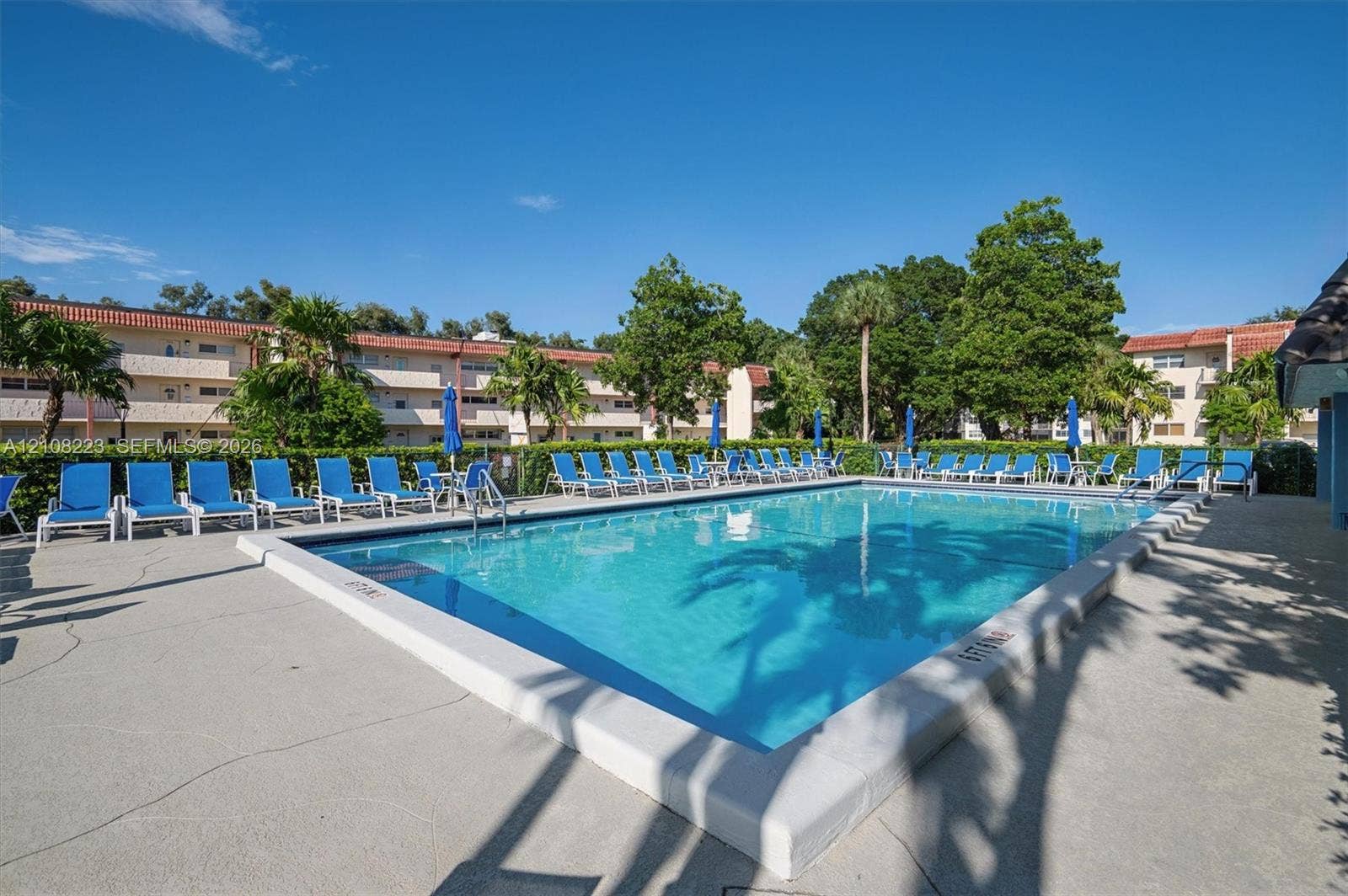 311 S Hollybrook Drive, #309, Pembroke Pines, FL 33025 Rectangular in-ground swimming pool with concrete decking, surrounding manicured privacy hedges, and mature palm trees