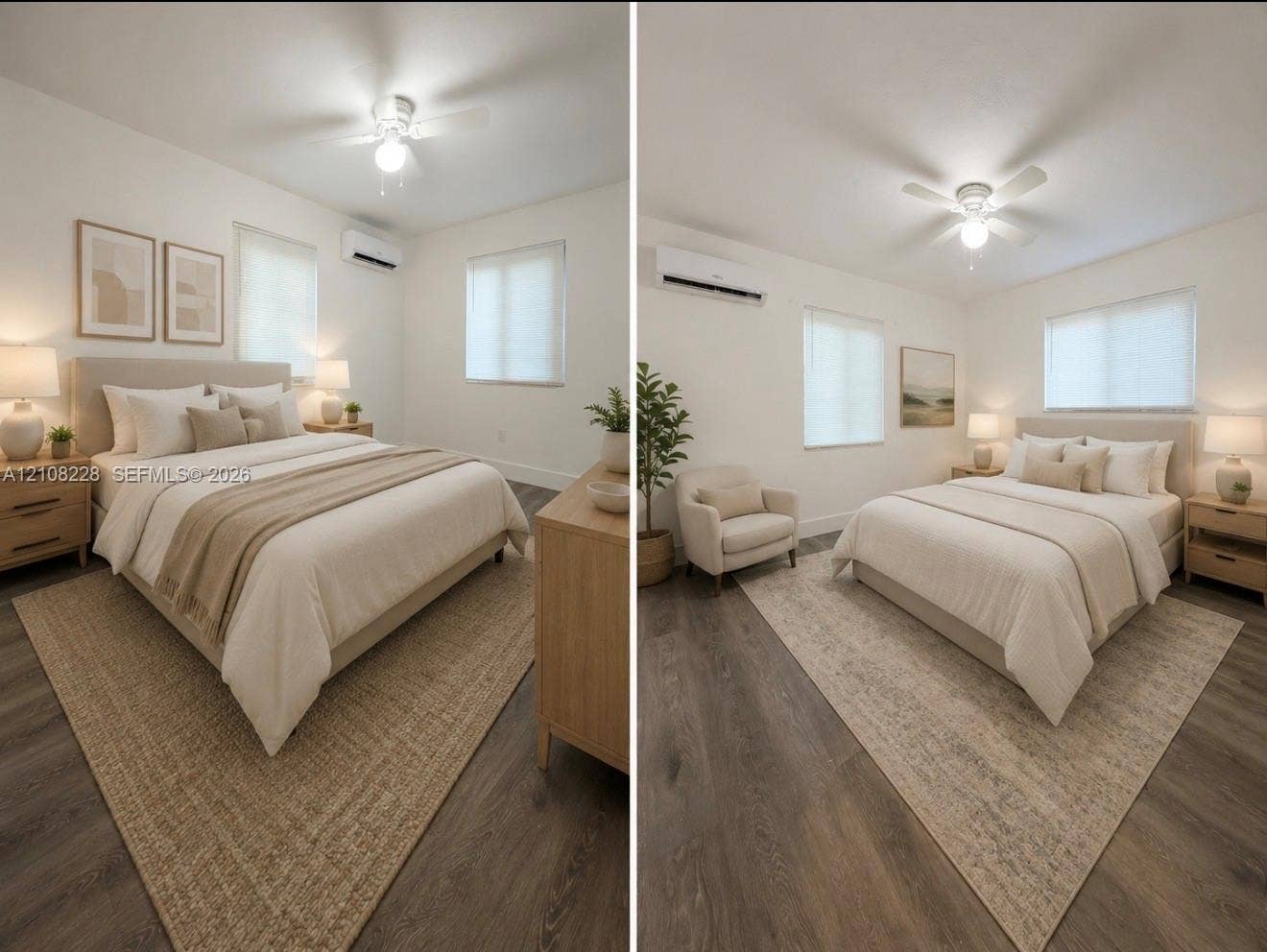 Wood-finish flooring, wall-mounted ductless climate control unit, and ceiling fan with integrated light fixture