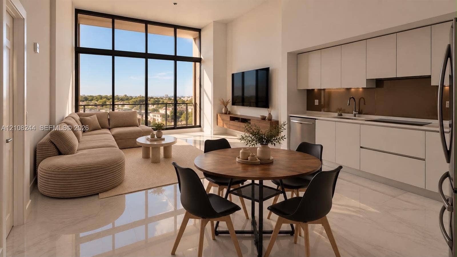 1170 Hallandale Beach Boulevard, #605, Hallandale Beach, Hallandale Beach, FL 33009 High-gloss cabinetry, stone-finish tile flooring, integrated stainless steel appliances, wall-mounted oven, and high ceilings