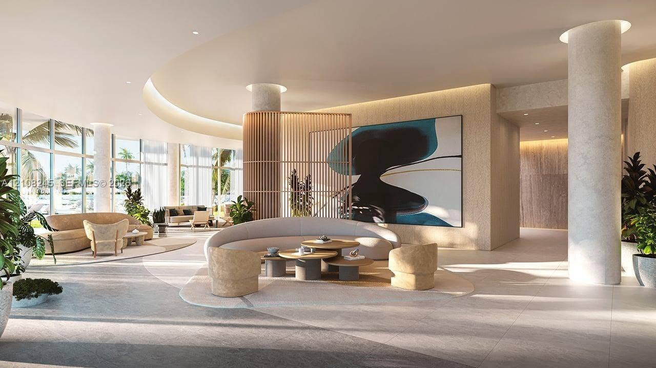 Expansive lobby featuring a curved architectural ceiling, floor-to-ceiling windows, structural columns, built-in vertical slat partition, and tile flooring