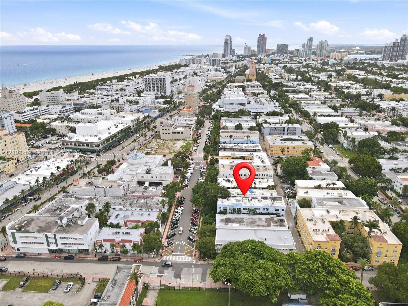 1330 Drexel Avenue, #102, Miami Beach, FL 33139 Aerial perspective featuring urban proximity to the coastline, dense metropolitan surroundings, and established street-level infrastructure