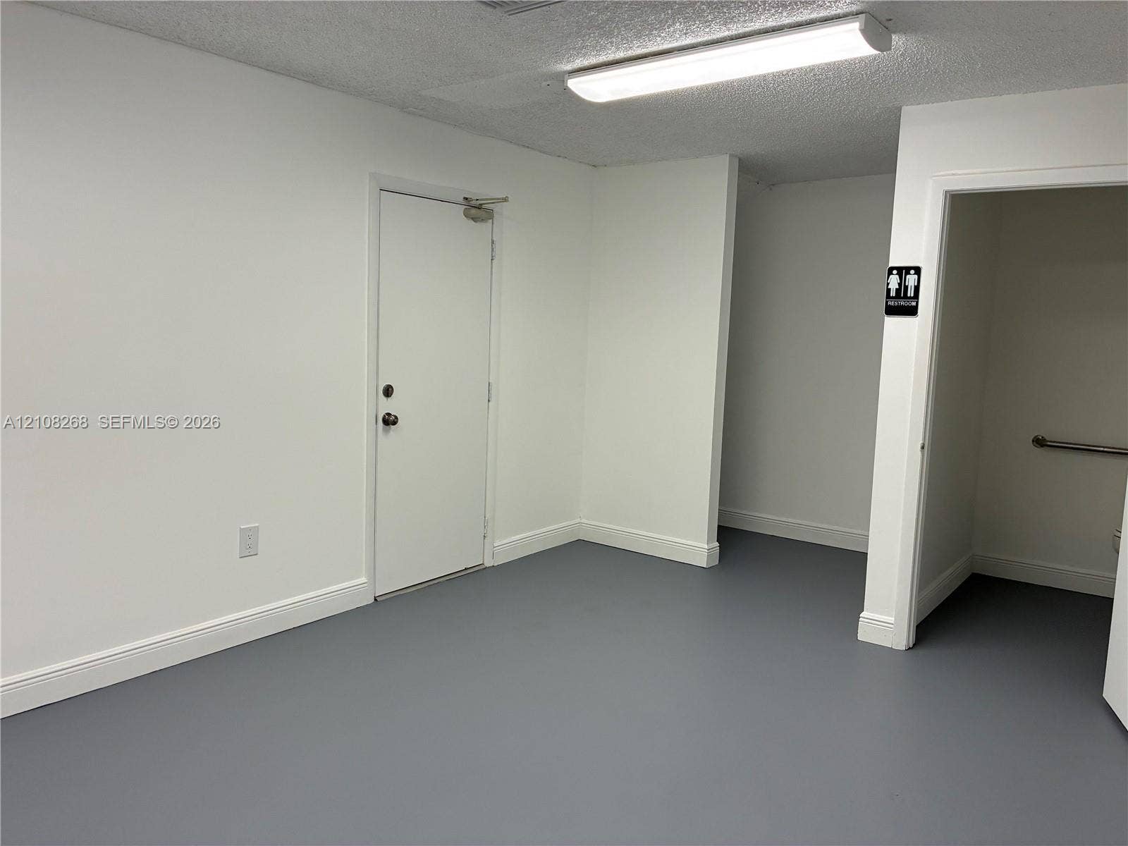 Interior space featuring gray seamless flooring, crisp white walls, a flush-mount rectangular light fixture, and an entry door with commercial-style hardware