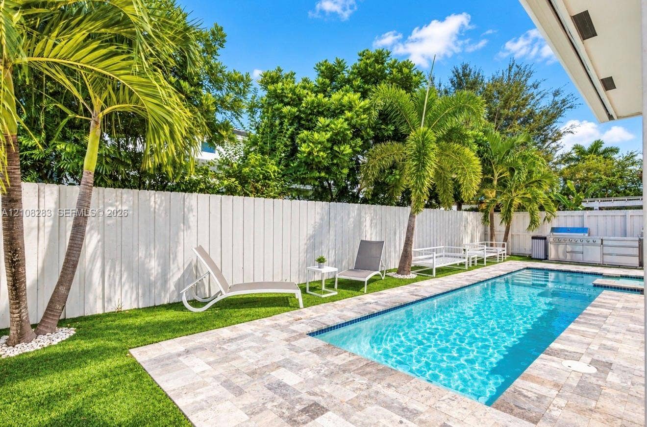 15215 SW 176th Lane, Miami, FL 33187 Private backyard featuring a rectangular swimming pool, stone paver decking, synthetic turf, mature palm trees, and a built-in outdoor kitchen