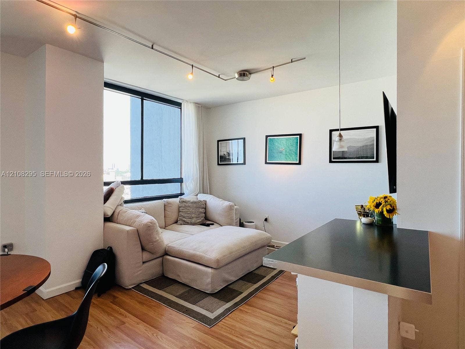 Floor-to-ceiling window, wood-finish flooring, adjustable track lighting, and built-in counter surface with a metallic edge