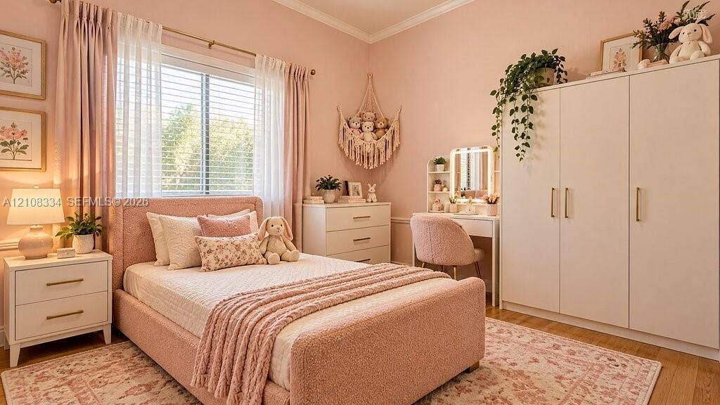Bedroom featuring wood-finish flooring, a large multi-panel wardrobe with vertical pulls, and a window with integrated blinds