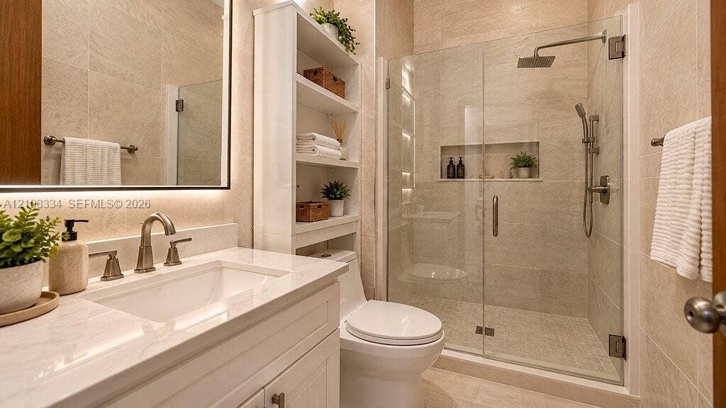 White vanity with stone countertop, frameless glass shower enclosure, rainfall showerhead, integrated wall shelving, and floor-to-ceiling tile work