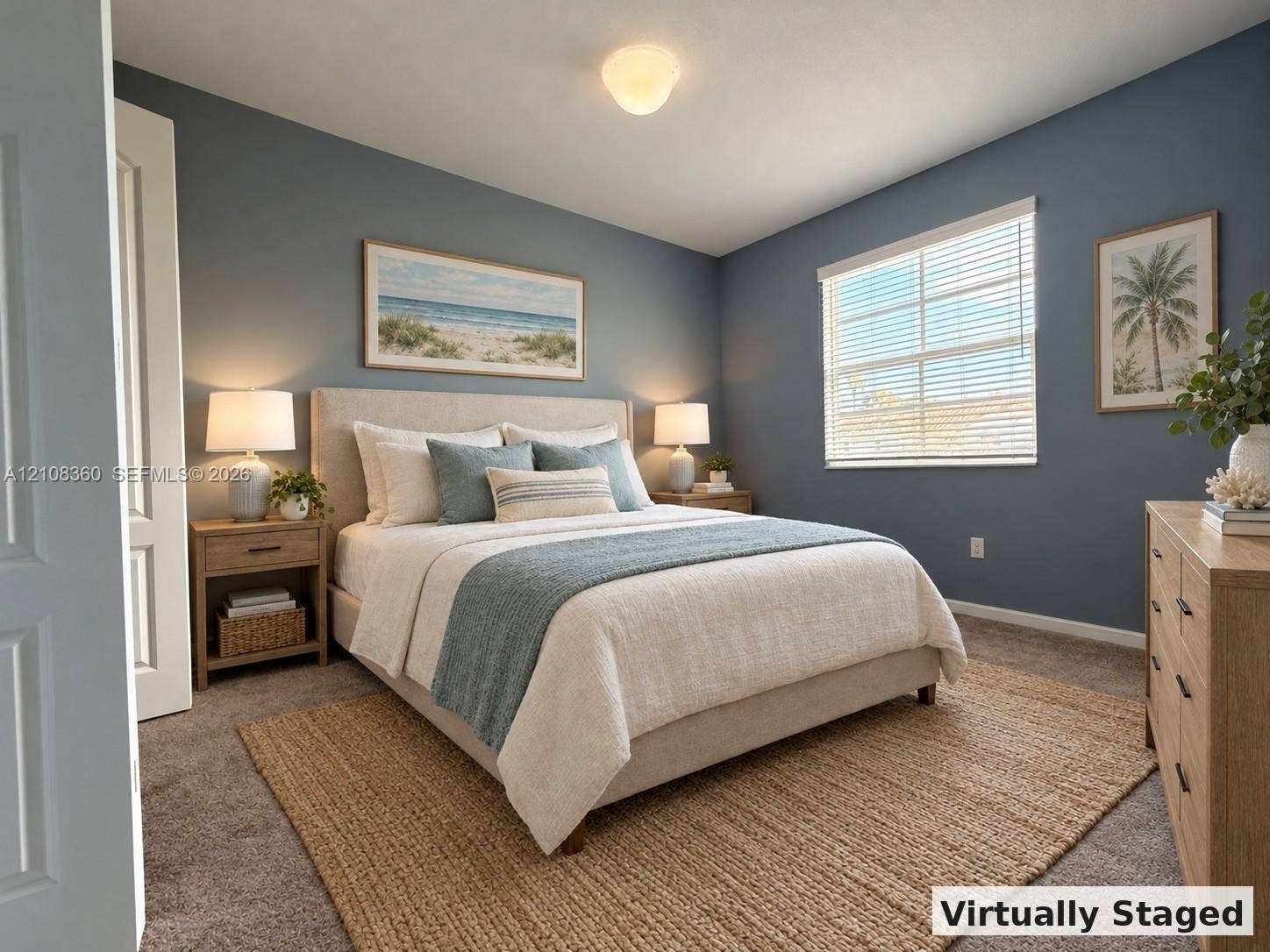 4608 Tara Cove Way, #4608, West Palm Beach, West Palm Beach, FL 33417 Bedroom featuring neutral carpeting, blue-toned walls, a single-hung window with horizontal blinds, and a semi-flush mount ceiling fixture