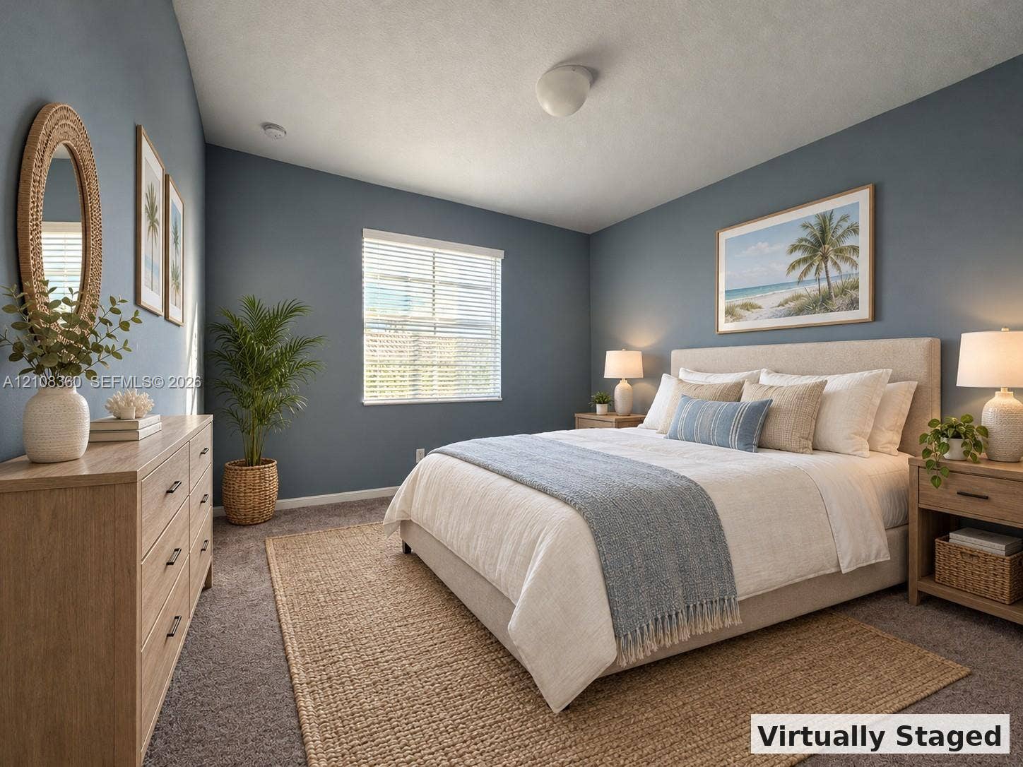 4608 Tara Cove Way, #4608, West Palm Beach, West Palm Beach, FL 33417 Neutral-toned carpeting, slate blue wall paint, and a single-pane window with horizontal blinds