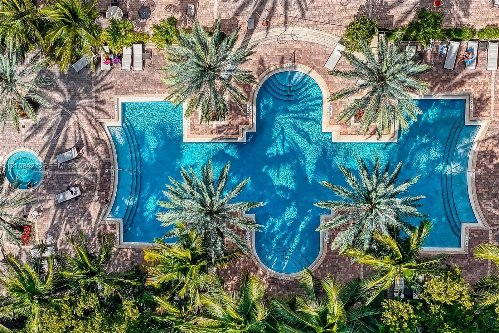 Geometric swimming pool and circular spa surrounded by paver decking, integrated palm tree landscaping, and built-in tiered entry steps