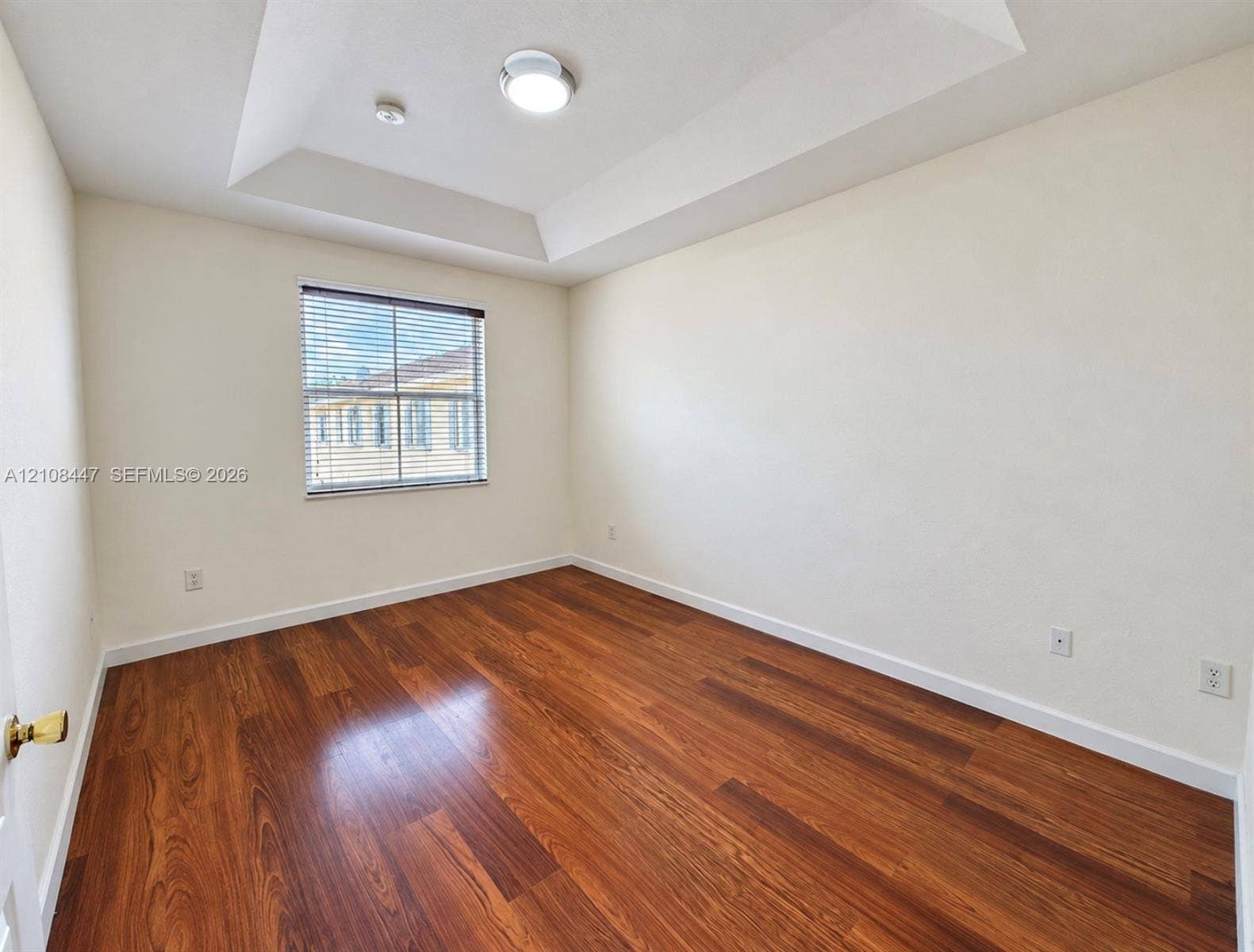 Interior room featuring wood-finish flooring, a tray ceiling, and a flush-mount ceiling light fixture