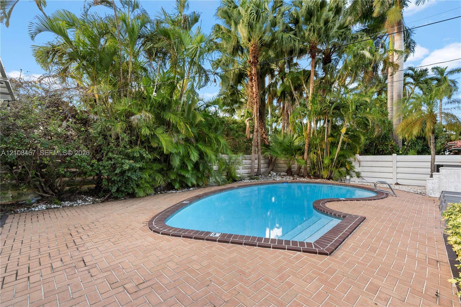 Swimming pool with integrated steps, surrounded by brick paver decking, mature palm trees, and perimeter privacy fencing