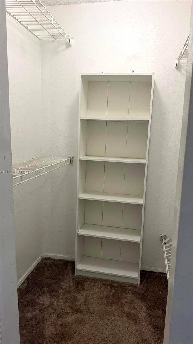 11233 W Atlantic Boulevard, #103, Coral Springs, Coral Springs, FL 33071 Walk-in storage space featuring built-in white shelving, wall-mounted wire racks, and carpeted flooring