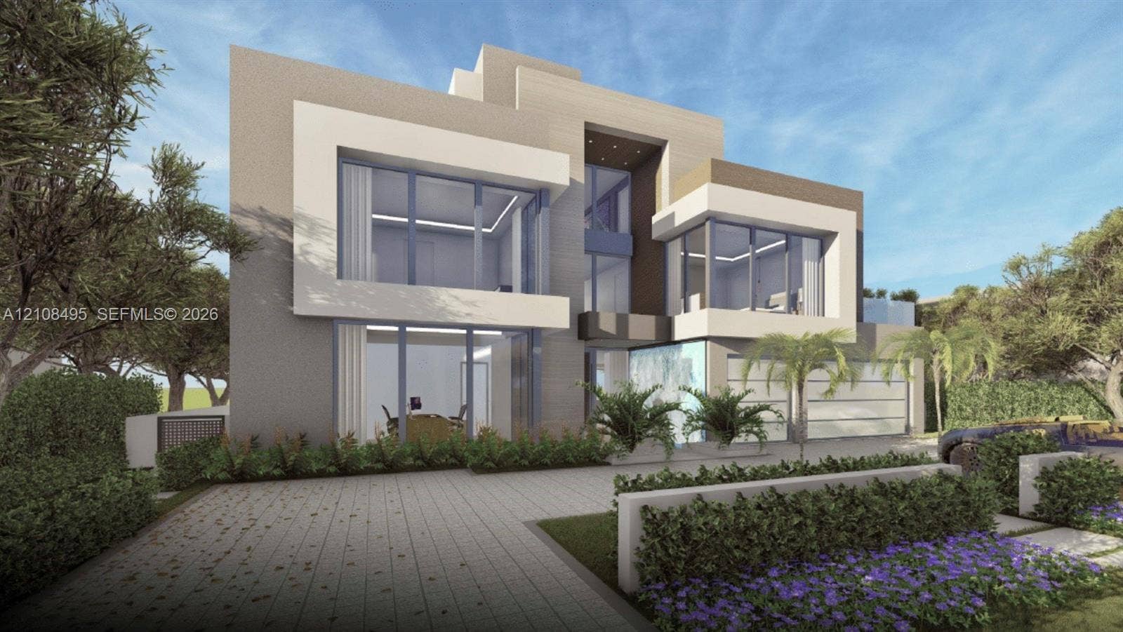 3080 NE 43rd Street, Fort Lauderdale, FL 33308 Modern architectural exterior featuring a multi-level facade, expansive floor-to-ceiling windows, integrated recessed lighting, stone-paver driveway, and professional landscape design