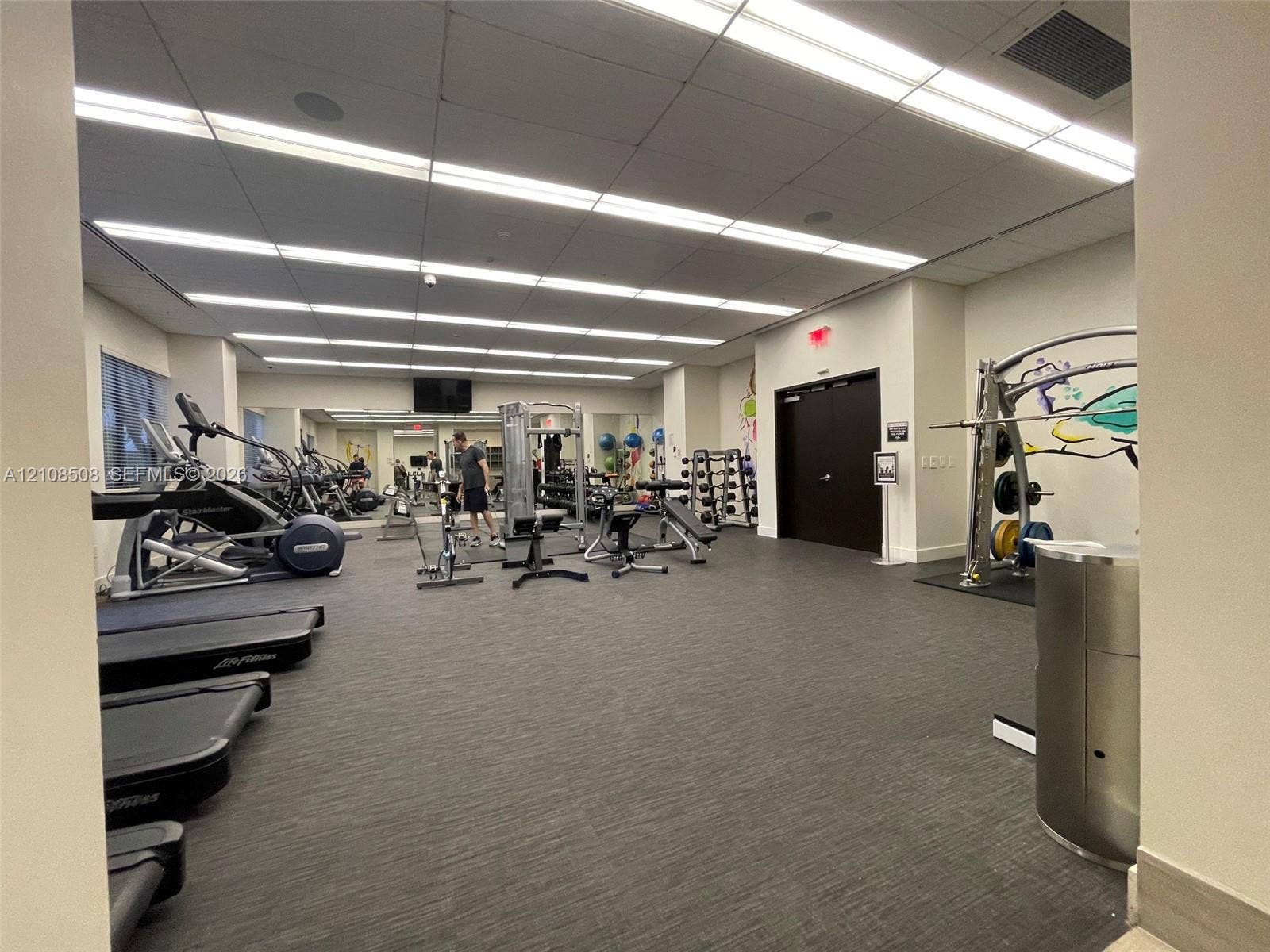 Fitness center featuring wall-to-wall mirrors, recessed linear lighting, and durable carpet flooring
