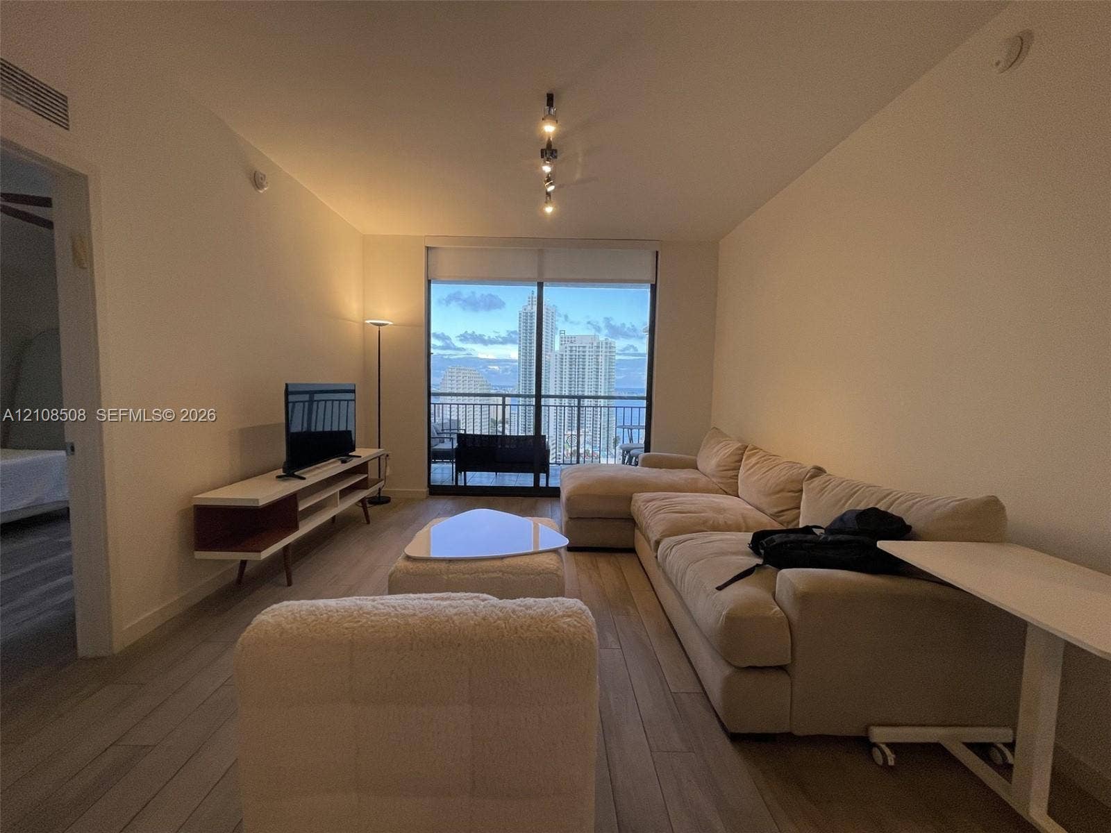 Floor-to-ceiling glass sliding doors with access to a private balcony, wood-finish flooring, and multi-directional track lighting