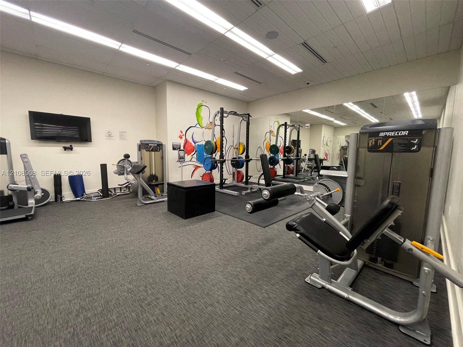 Fitness center featuring wall-to-wall mirrors, recessed linear lighting, and durable commercial-grade carpeting
