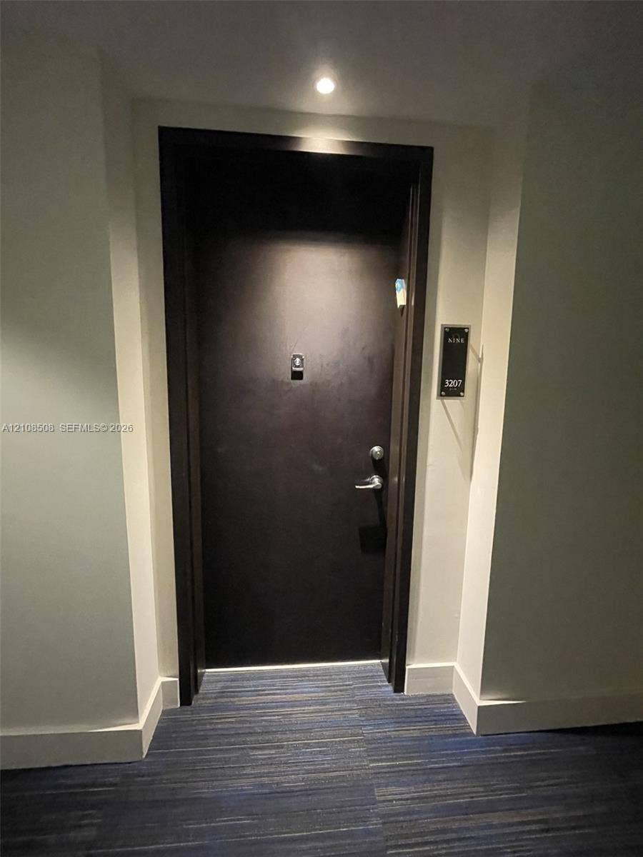 Dark finish solid-core door with metallic hardware, integrated electronic security lock, and recessed ceiling lighting
