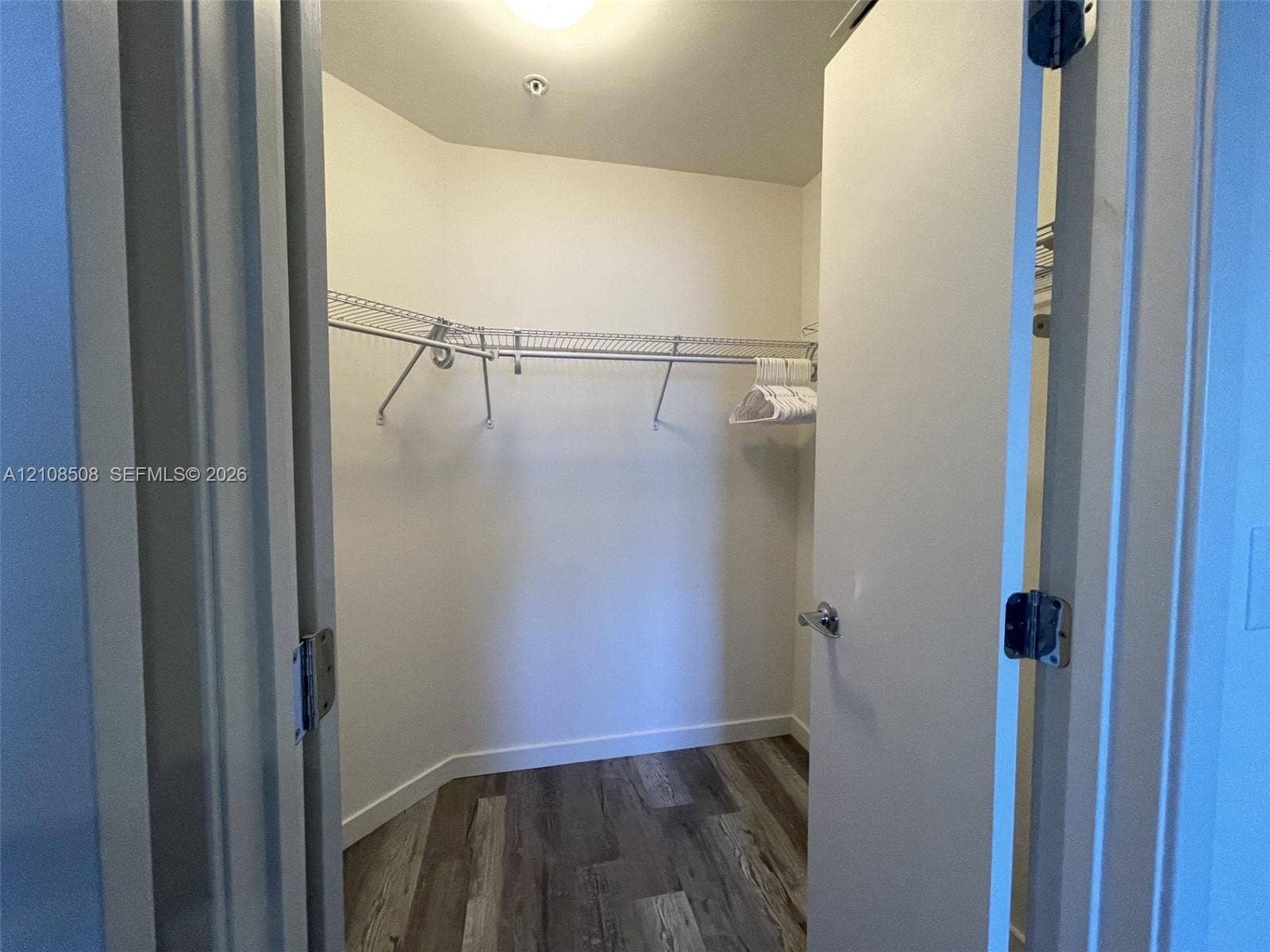 Walk-in closet featuring wood-finish flooring and integrated wire shelving