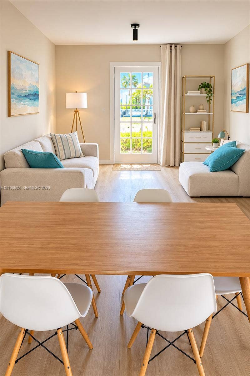1124 N 18th Avenue N, Lake Worth, FL 33460 Light-filled room featuring wood-finish flooring, a central single-light flush mount fixture, and a paneled glass exterior door