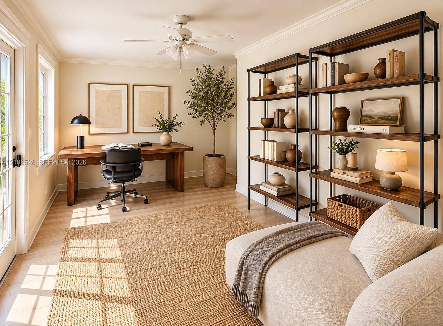 1124 N 18th Avenue N, Lake Worth, FL 33460 Room featuring wood-finish flooring, a ceiling fan with integrated lighting, dual window installations, and a glass-paneled exterior door