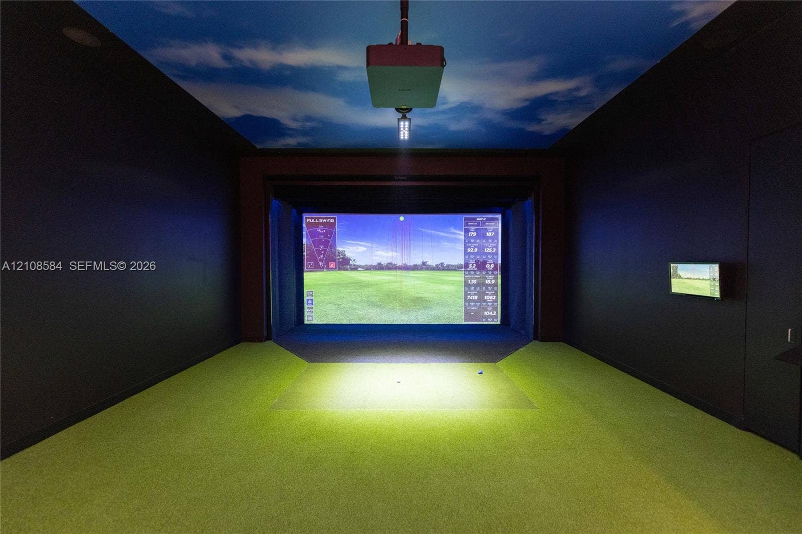 Dedicated simulation room featuring a projector system, integrated impact screen, wall-mounted display, and synthetic turf flooring with a painted sky ceiling motif
