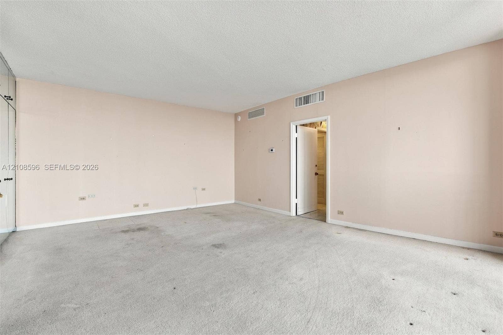 Neutral-toned interior space featuring built-in floor-to-ceiling closets, wall-to-wall carpeting, and a single-panel interior door