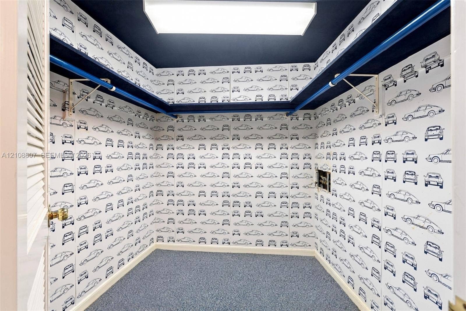 Walk-in storage space featuring wrap-around shelving, a ceiling-mounted light fixture, and louvered door access