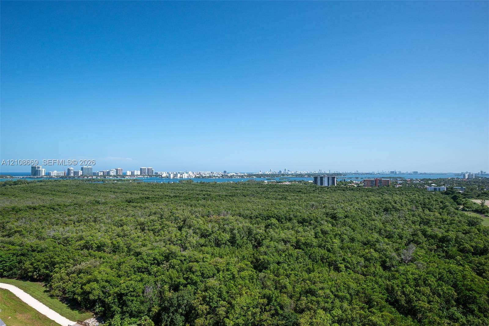 Aerial perspective featuring expansive natural wooded acreage, coastal waterway, and distant metropolitan skyline