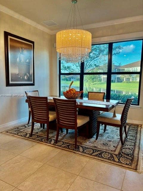 Large grid-tile flooring, drum-style crystal chandelier, and expansive floor-to-ceiling windows