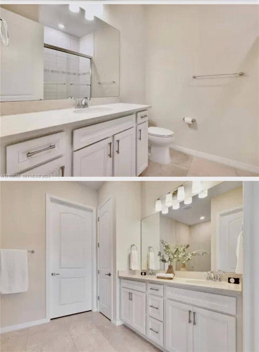 Bathroom featuring a white vanity with integrated cabinetry, solid-surface countertop, full-width vanity mirror, multi-light fixture, and tiled flooring