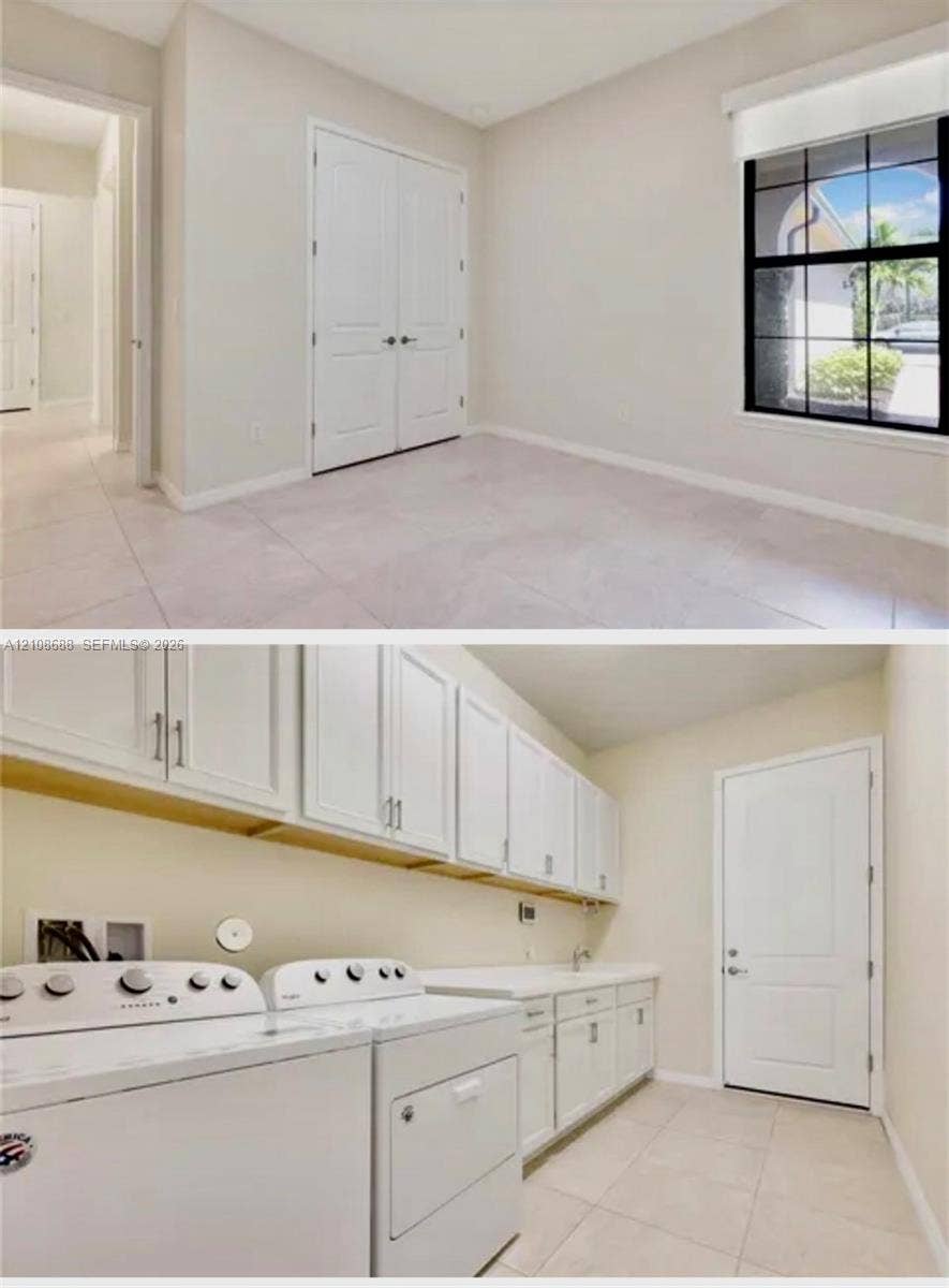 Neutral-toned interior featuring large-format tile flooring, double-door closet storage, high-contrast black-framed windows, white shaker-style cabinetry with matte silver hardware, and integrated utility sink