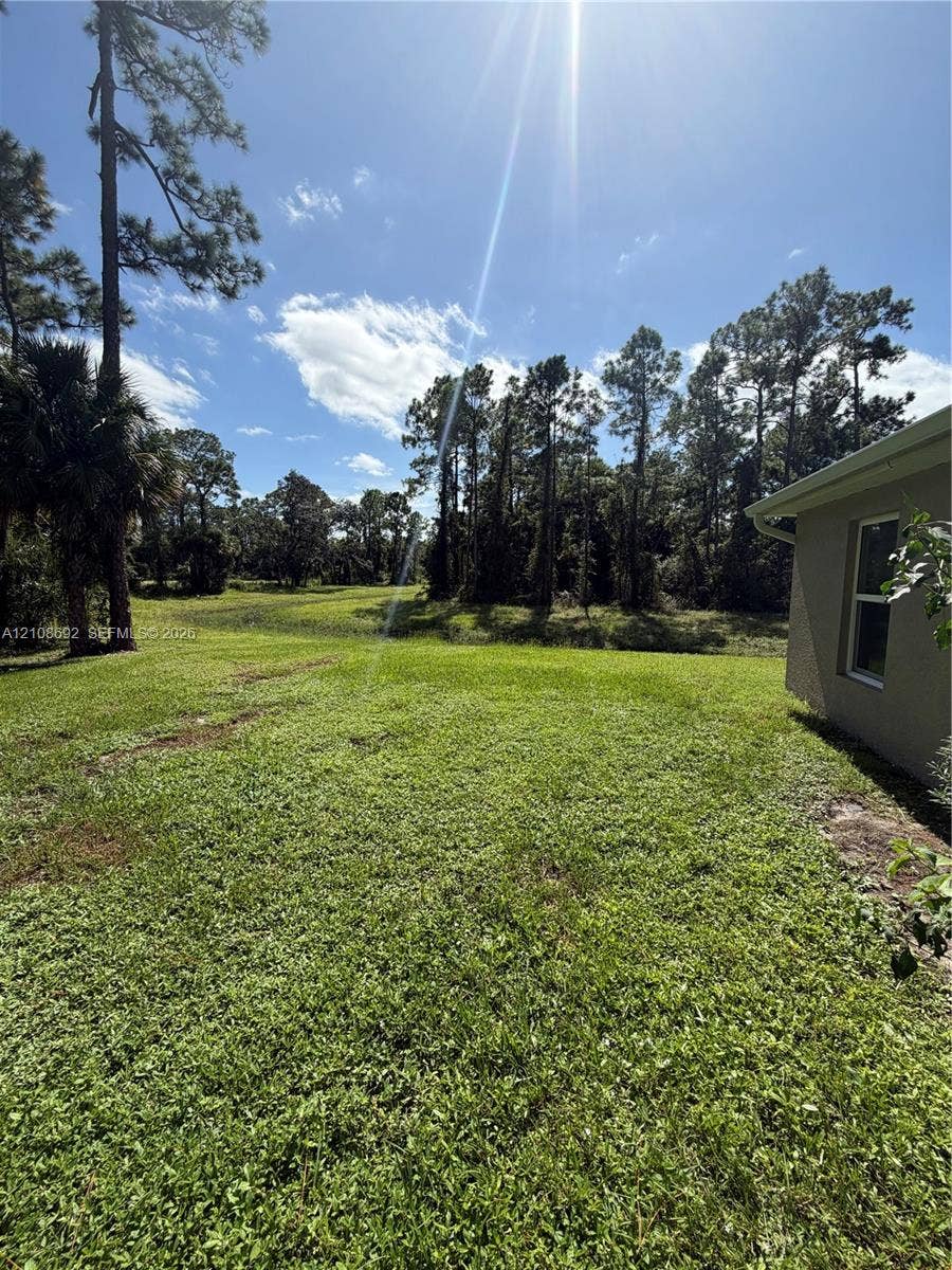 Expansive grassy lawn with mature trees and perimeter landscaping