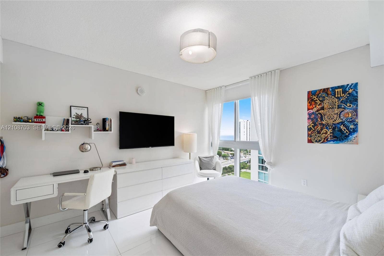 300 Sunny Isles Boulevard, #4-1501, Sunny Isles Beach, Sunny Isles Beach, FL 33160 Interior space featuring large-format tile flooring, floor-to-ceiling windows, and a semi-flush mount drum light fixture