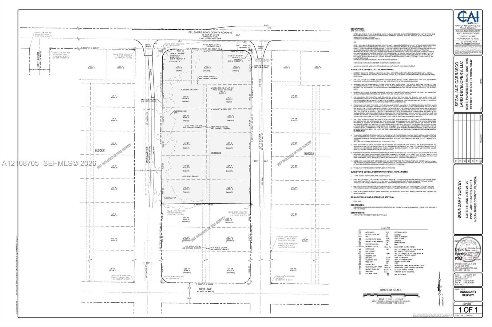 9470 105th Avenue, Vero Beach, Vero Beach, FL 32958 Boundary Survey. Outlining the parcel dimensions, plot configuration, and technical specifications of the property