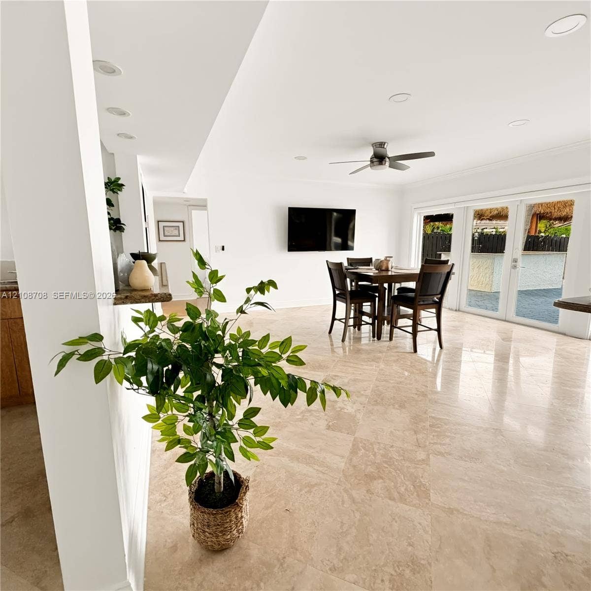 Open living space with stone floors