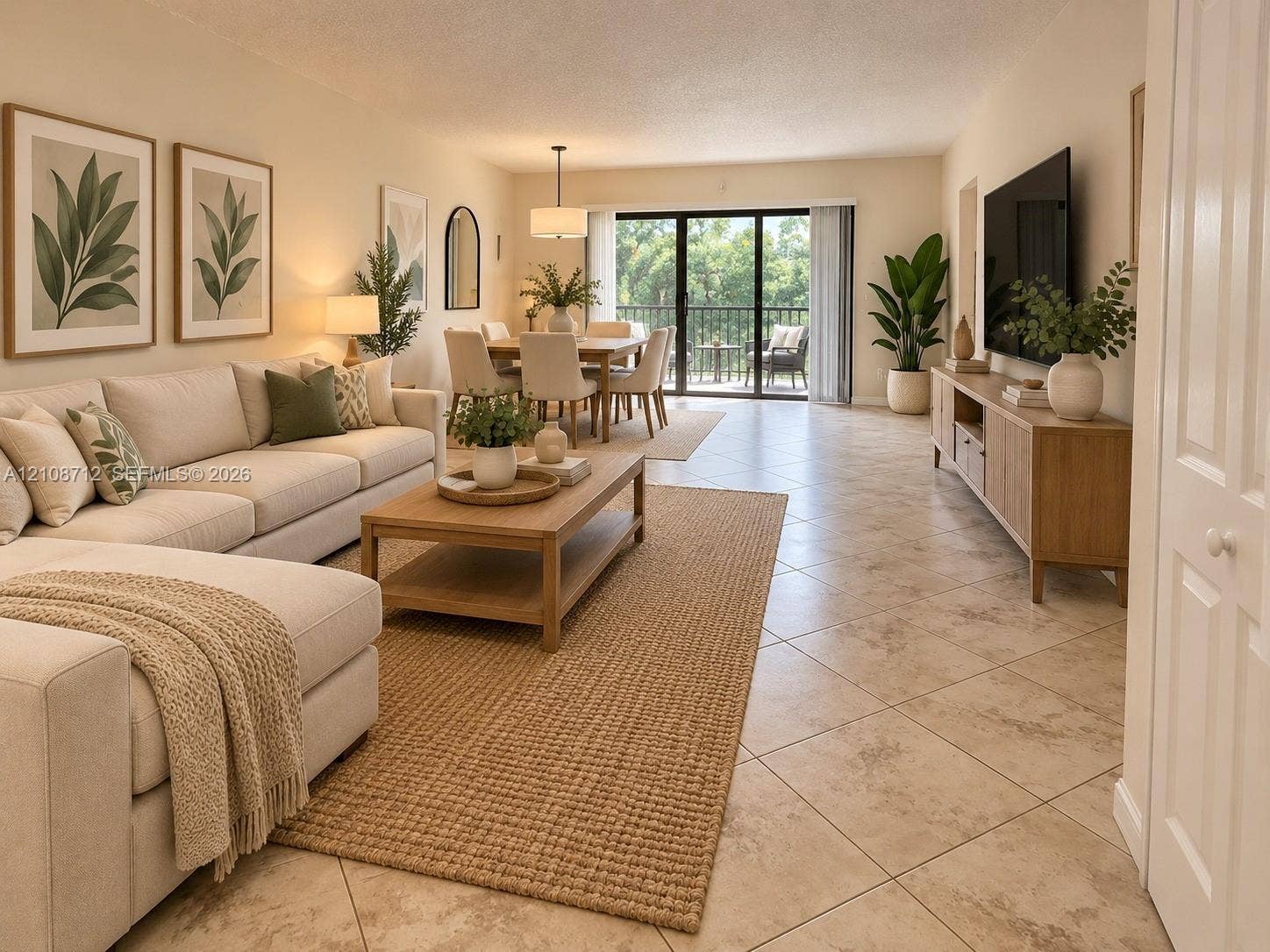 379 Lakeview Drive, #205, Weston, Weston, FL 33326 Stage Neutral-toned tile flooring, recessed ceiling lighting, a dedicated pendant light fixture over the dining area, and large black-framed sliding glass doors opening to a balcony