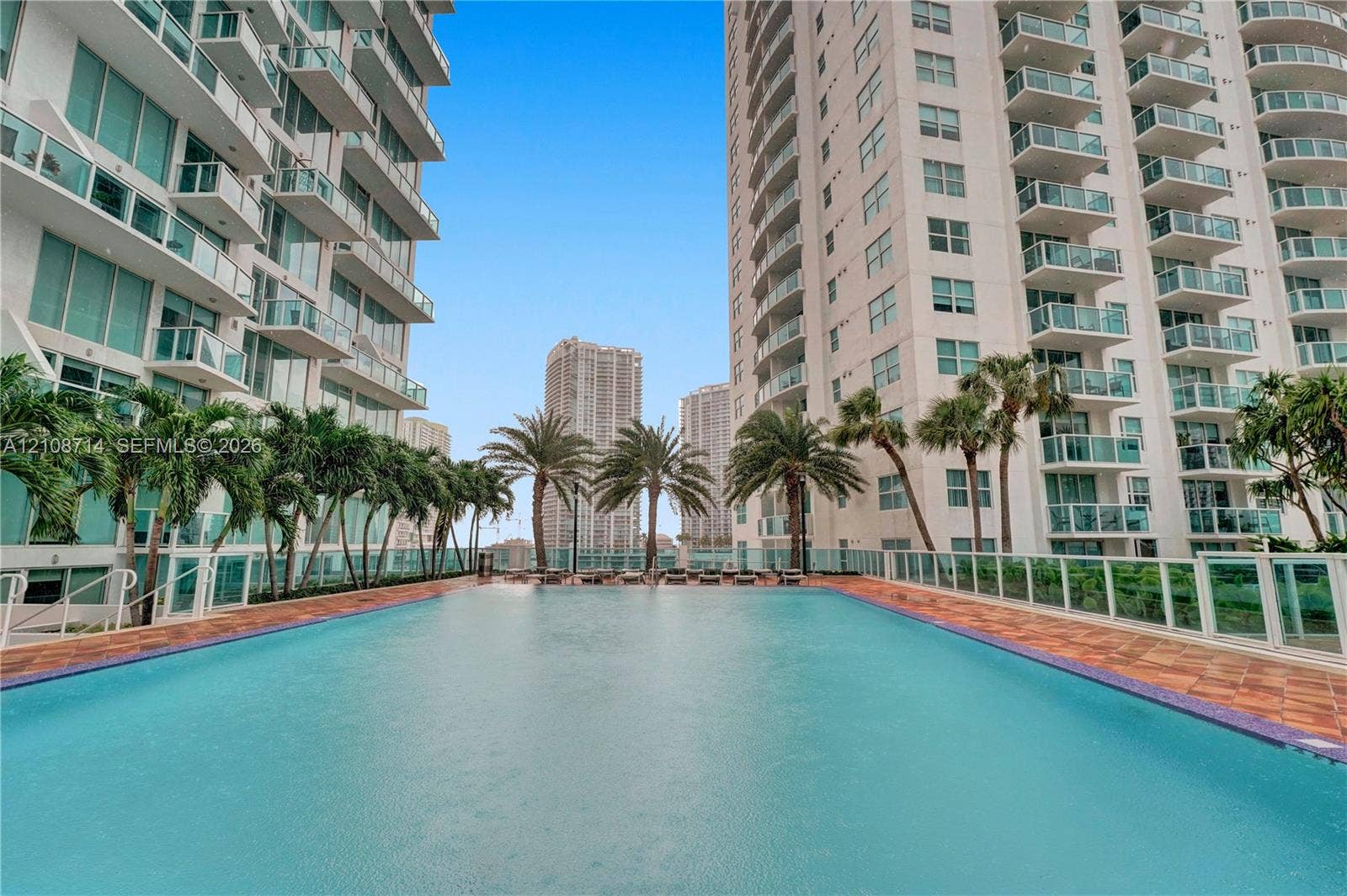 41 SE 5th Street, #317, Miami, Miami, FL 33131 Rectangular swimming pool featuring tile coping, a terra-cotta paver surround, glass panel perimeter fencing, and mature palm trees