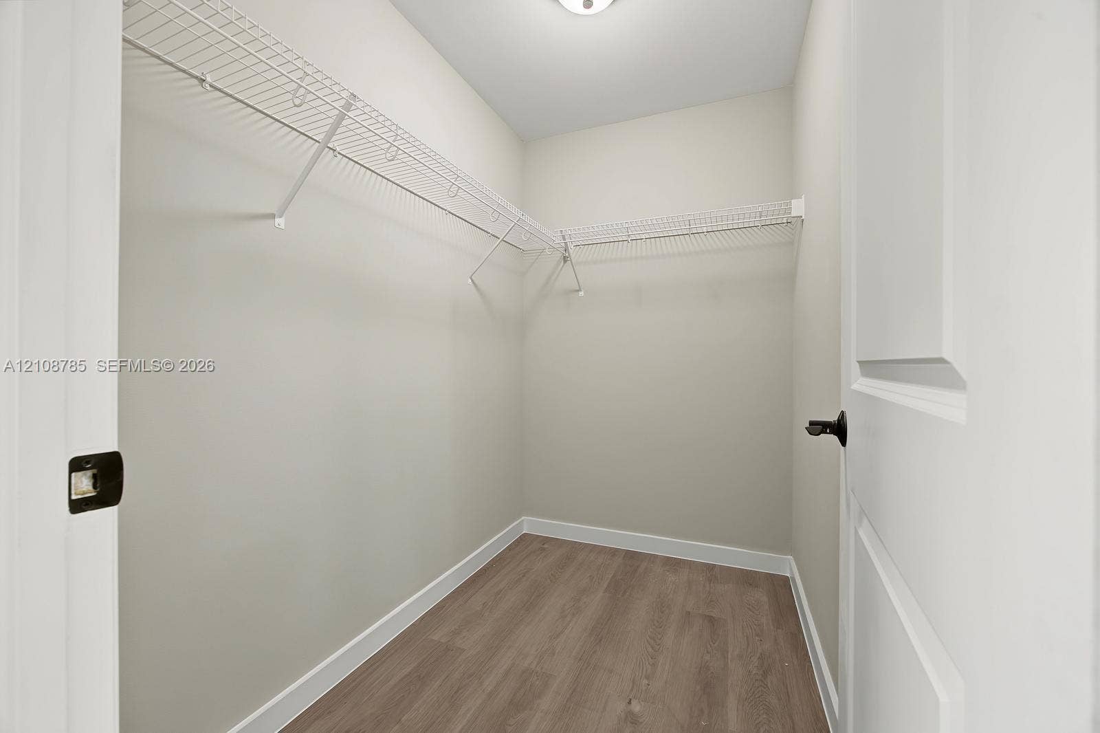 Walk-in closet featuring wood-finish flooring, white walls, and integrated wire shelving