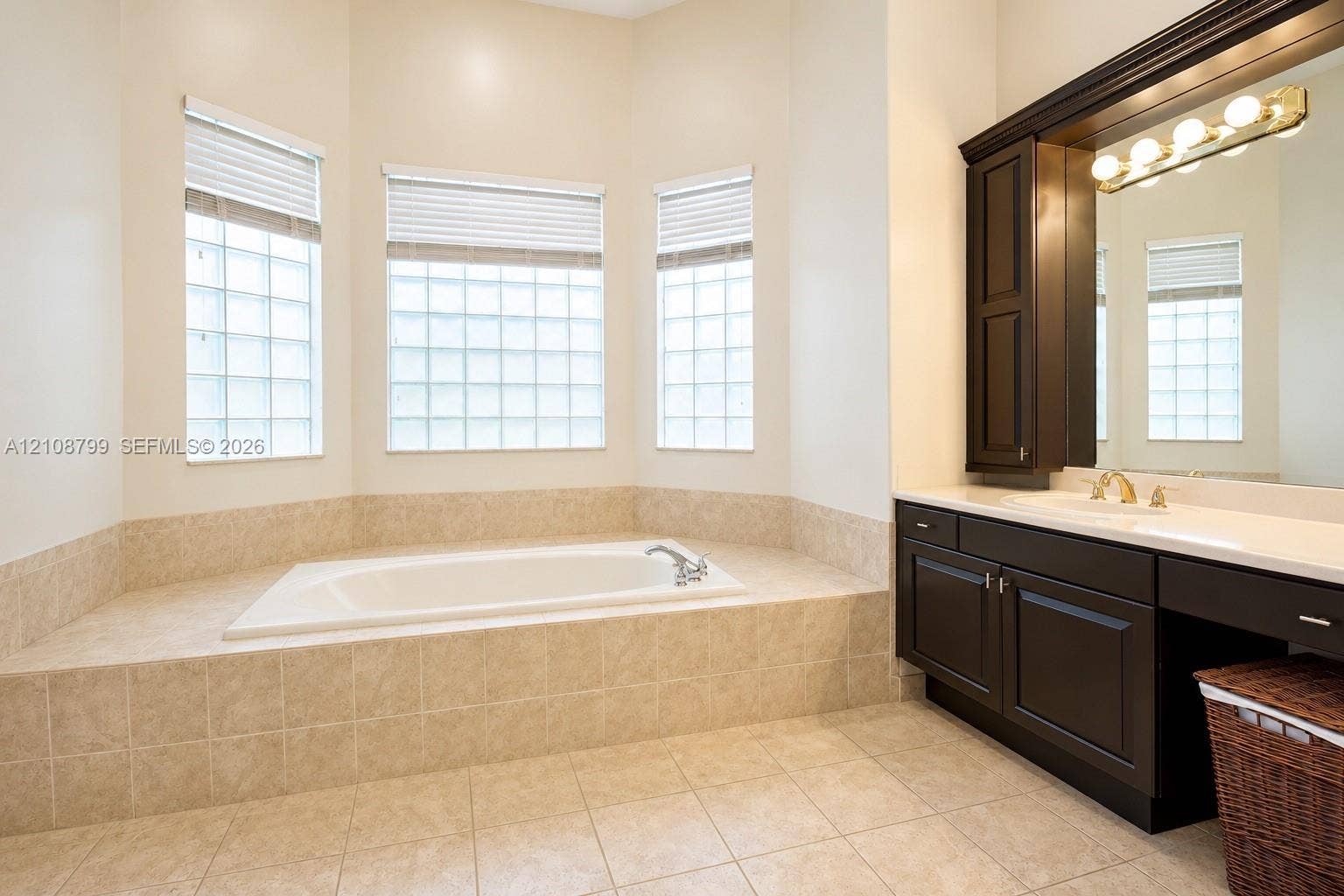 Soaking tub set in a tiled deck, bay window configuration with glass block accents, dark wood-finish cabinetry, countertop with integrated sink, and wall-mounted vanity lighting